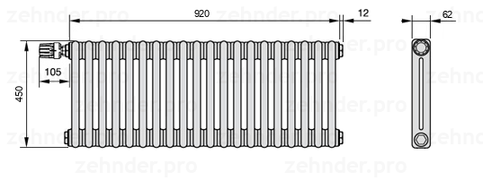 Схема (чертеж) Радиатор Zehnder Charleston 2045/20 №V011 Белый глянцевый RAL 9016